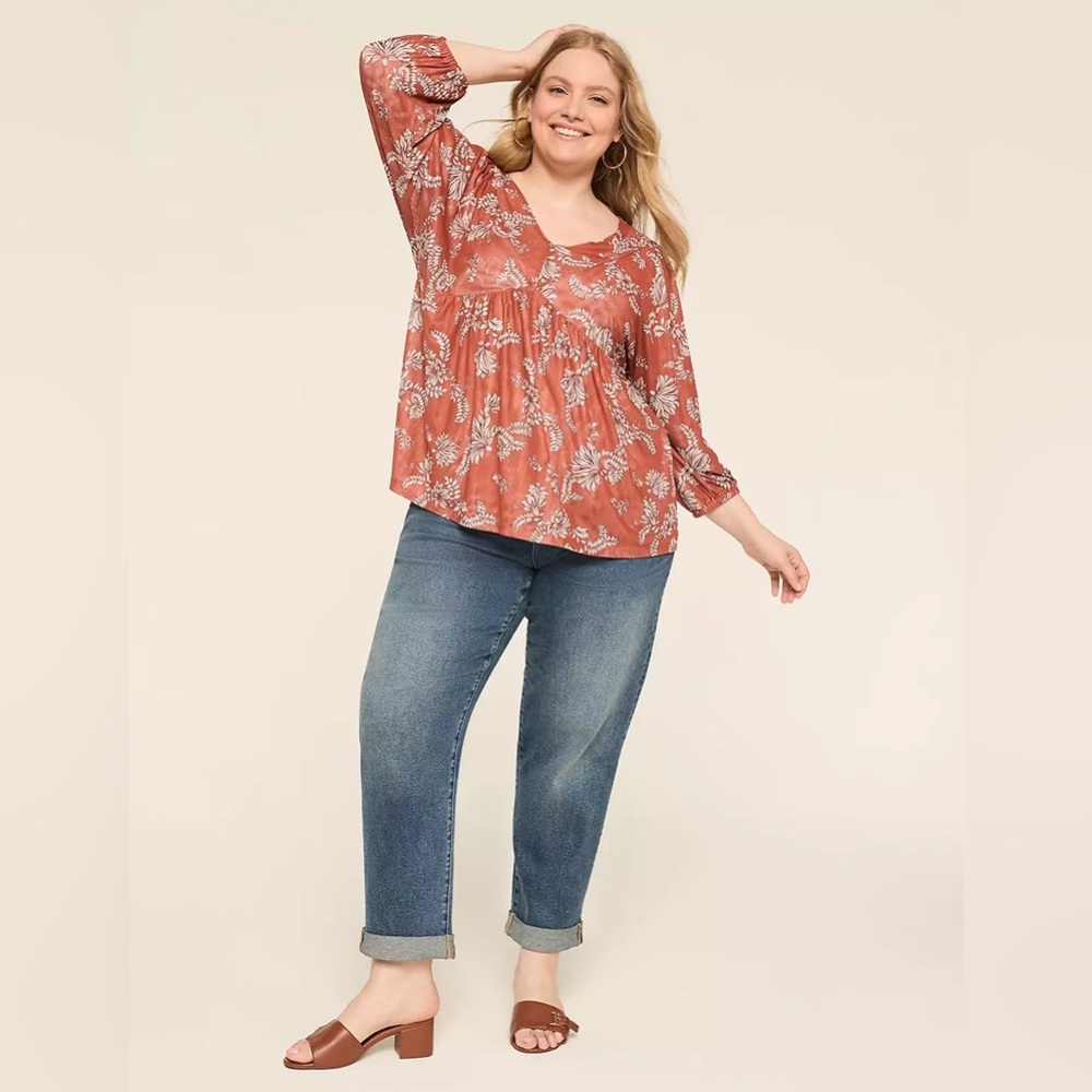 Lane Bryant Orange Floral Mesh 3/4-Sleeve Tie-Back Top Size 14/16 NWT